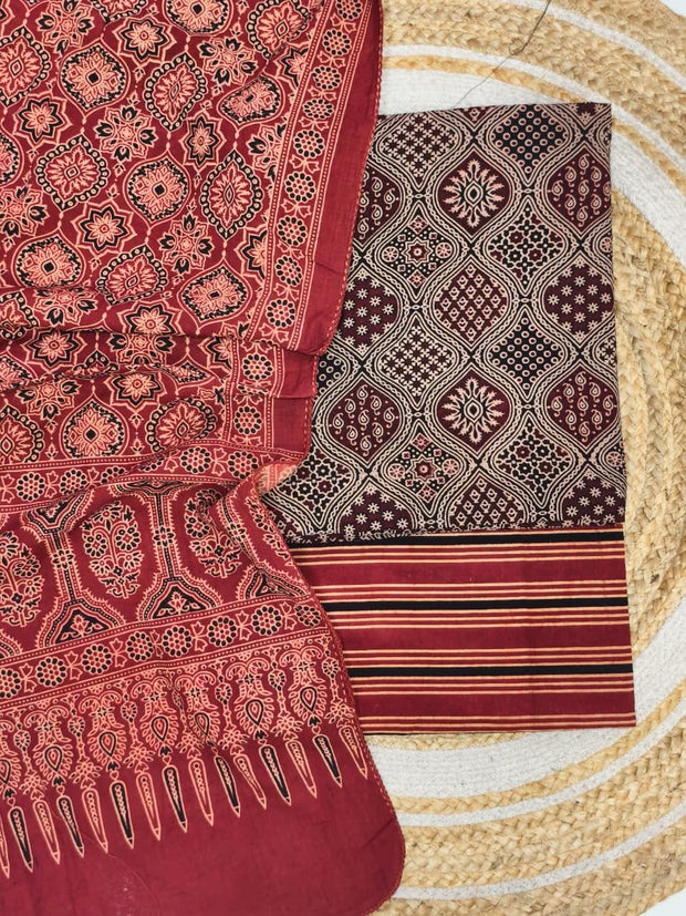 Pure Cotton Ajrakh Screen Print Natural Dye 3-Piece Suit 11 - The Ajrakh Studio