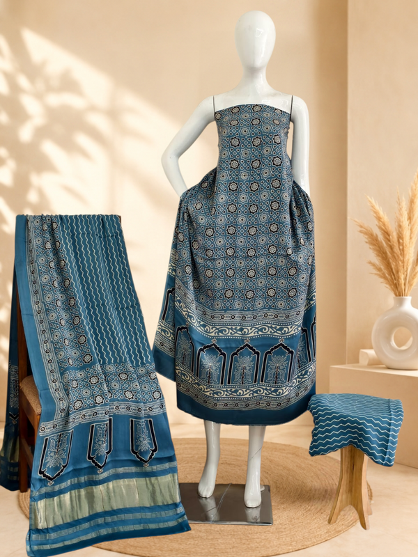 Premium Ajrakh Hand Block Print Modal Silk 3-Piece Suit Set with Zari Pallu Dupatta