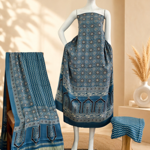 Premium Ajrakh Hand Block Print Modal Silk 3-Piece Suit Set with Zari Pallu Dupatta
