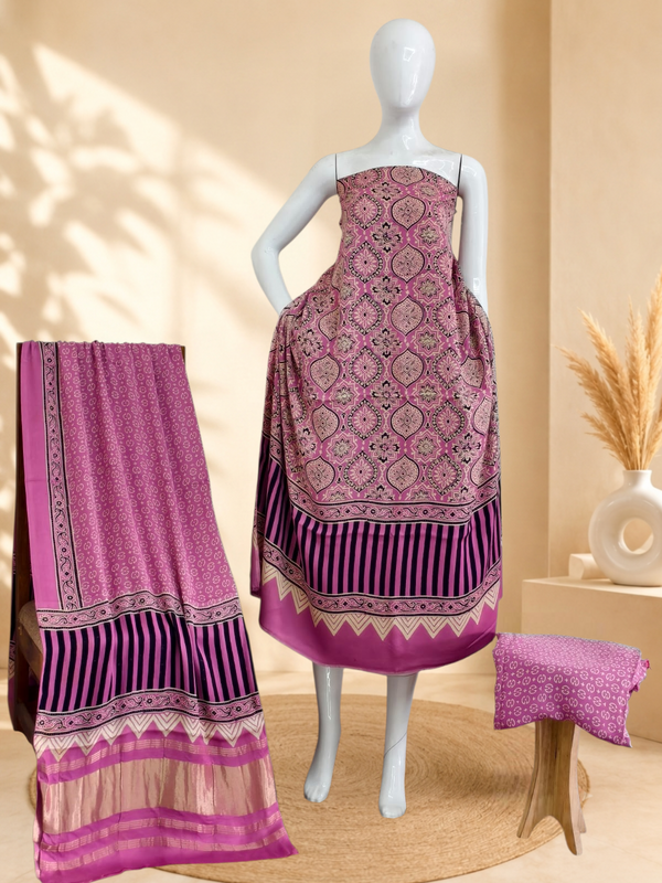 Premium Ajrakh Hand Block Print Modal Silk 3-Piece Suit Set with Zari Pallu Dupatta