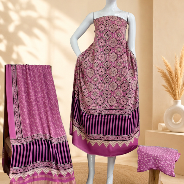Premium Ajrakh Hand Block Print Modal Silk 3-Piece Suit Set with Zari Pallu Dupatta