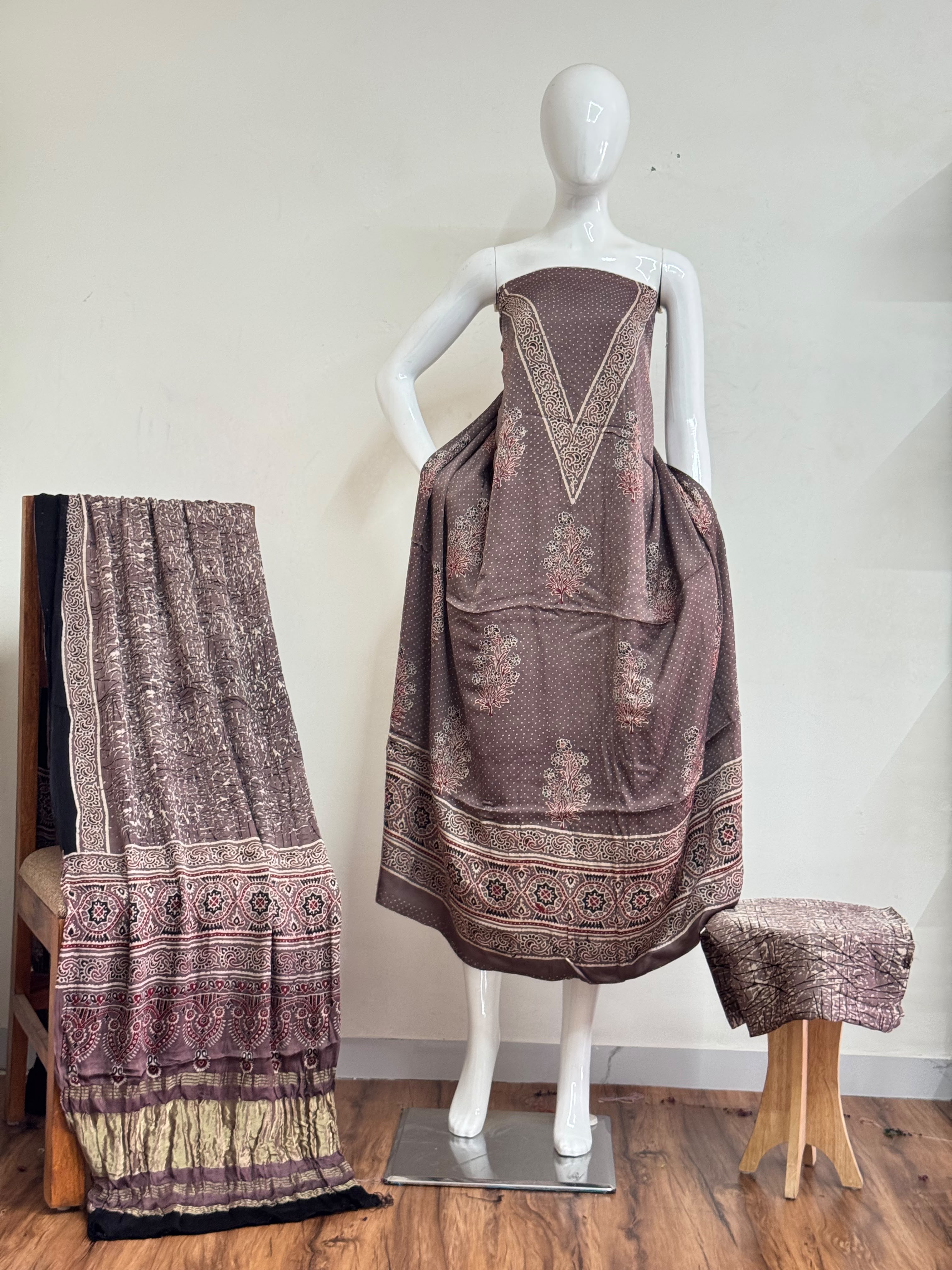 Ajrakh Hand Block Print Natural Dye Pure Modal Silk 3 Piece Suit with Zari Pallu Dupatta