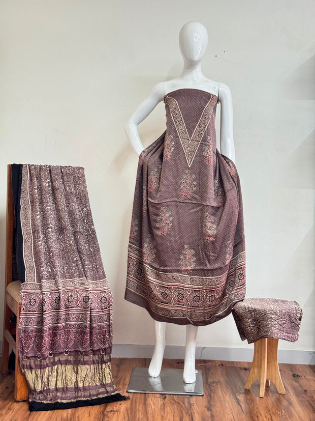 Ajrakh Hand Block Print Natural Dye Pure Modal Silk 3 Piece Suit with Zari Pallu Dupatta