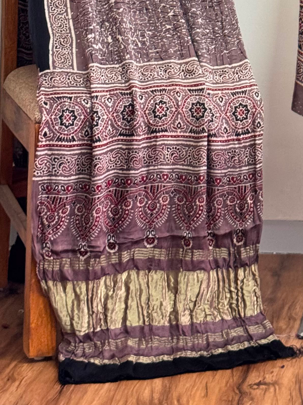 Ajrakh Hand Block Print Natural Dye Pure Modal Silk 3 Piece Suit with Zari Pallu Dupatta