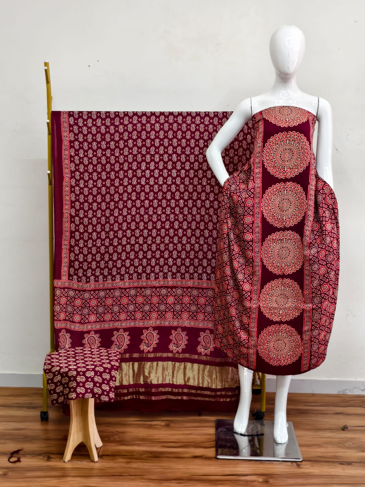 Havi Modal Silk Ajrakh Neptol Dye & Discharge Print Panel Design 3-Piece Suit - The Ajrakh Studio