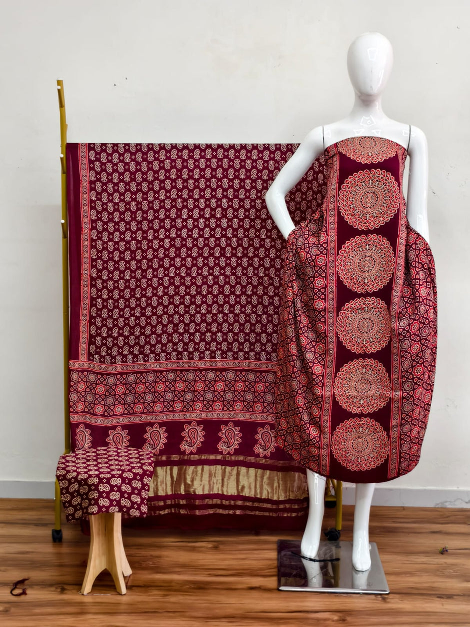 Havi Modal Silk Ajrakh Neptol Dye & Discharge Print Panel Design 3-Piece Suit - The Ajrakh Studio