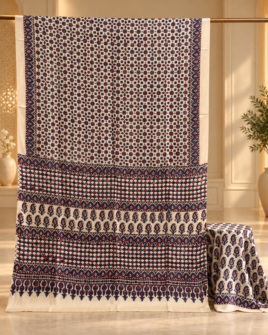 Elegant Modal Silk Ajrakh Hand Block Print Natural Dye Saree - The Ajrakh Studio