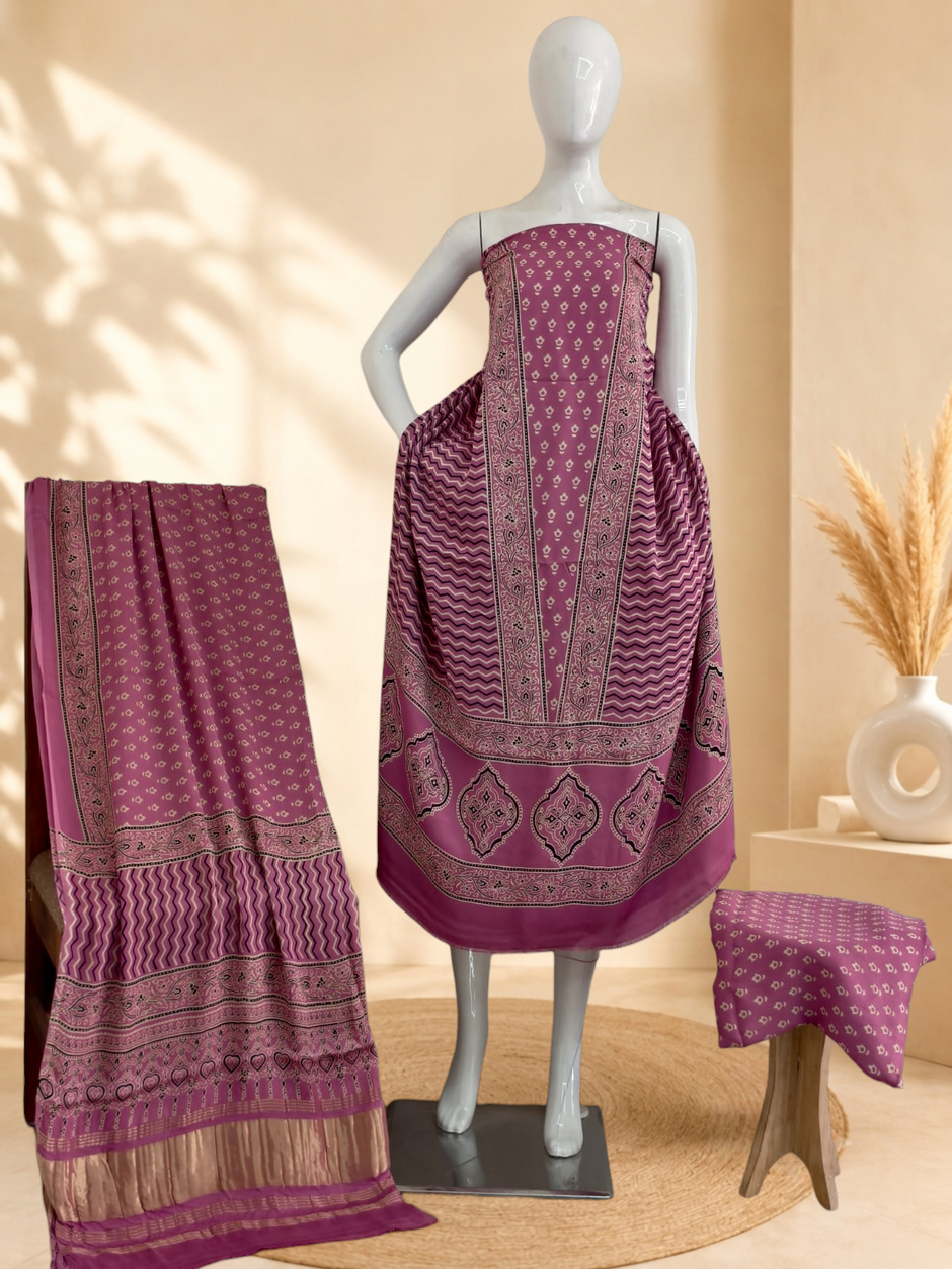 Premium Ajrakh Hand Block Print Modal Silk 3-Piece Suit Set with Zari Pallu Dupatta