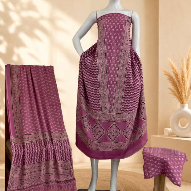 Premium Ajrakh Hand Block Print Modal Silk 3-Piece Suit Set with Zari Pallu Dupatta