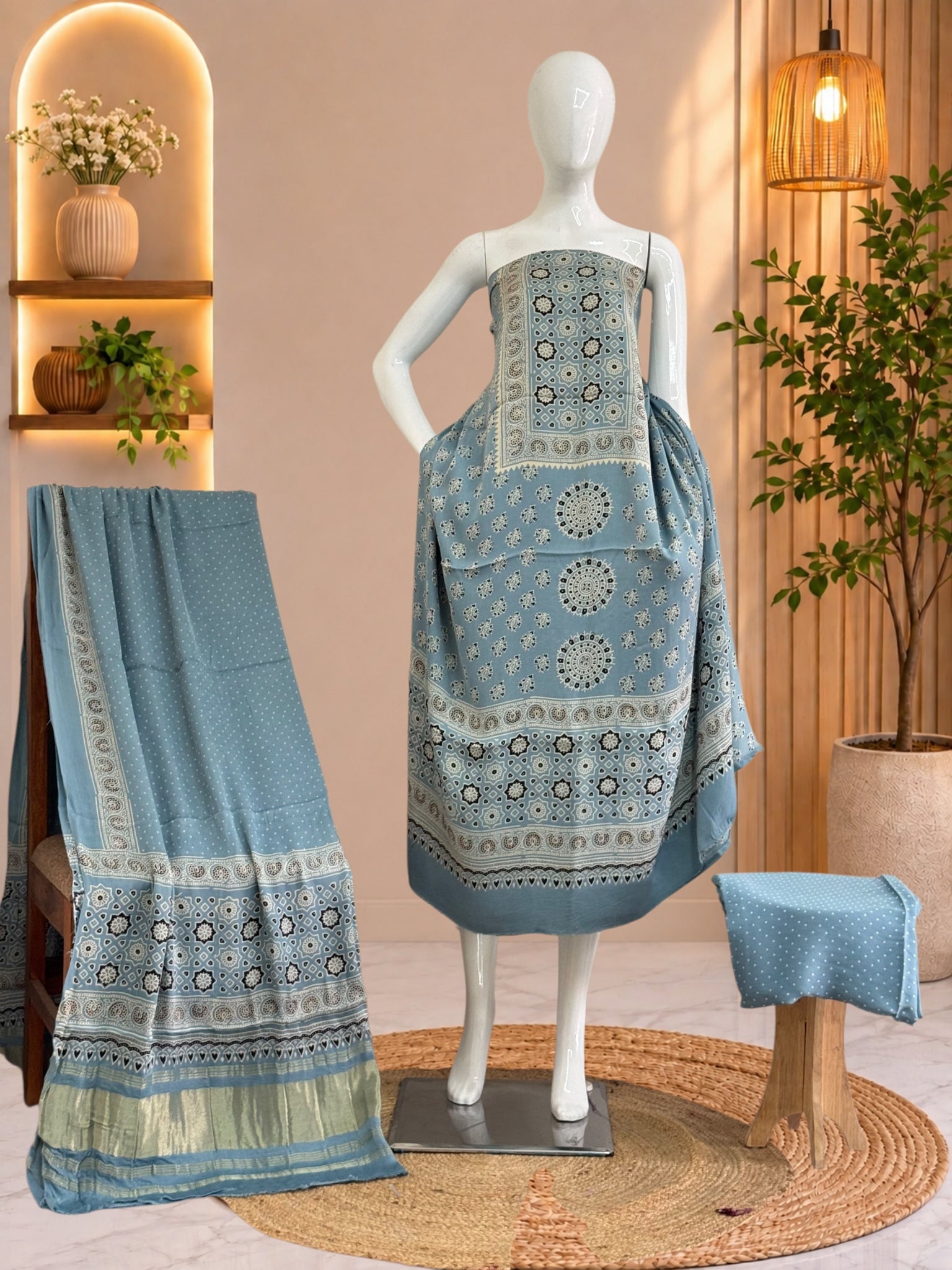 Premium Ajrakh Hand Block Print Modal Silk 3-Piece Suit Set with Zari Pallu Dupatta