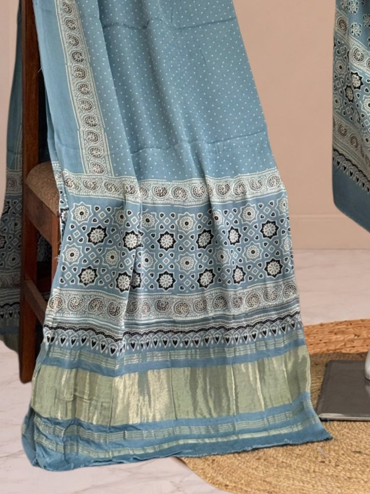 Premium Ajrakh Hand Block Print Modal Silk 3-Piece Suit Set with Zari Pallu Dupatta