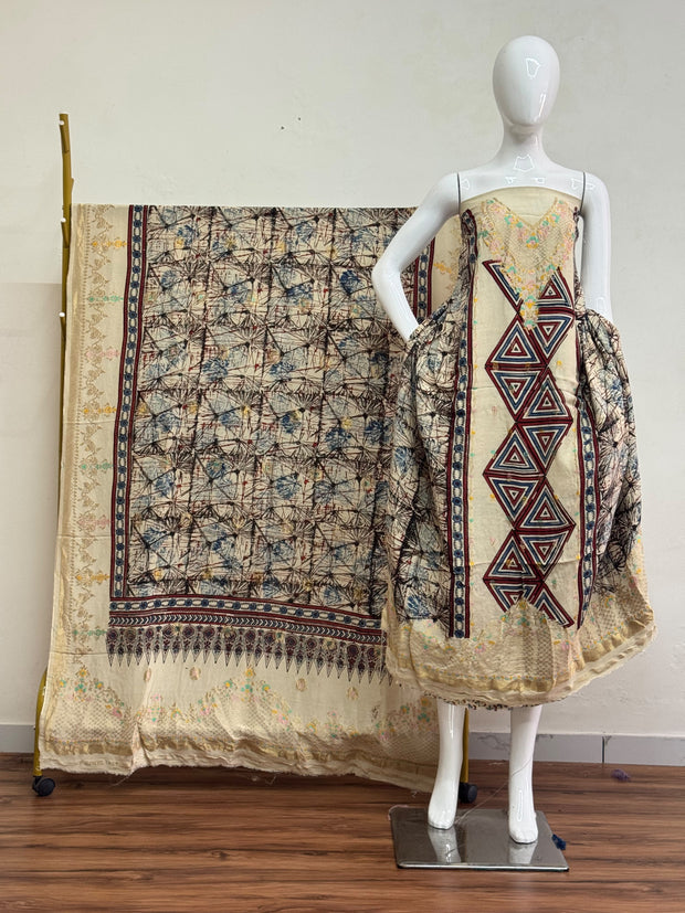 Meena Kari Dola Silk Ajrakh Hand Block Print 2-Piece Suit 01 - The Ajrakh Studio