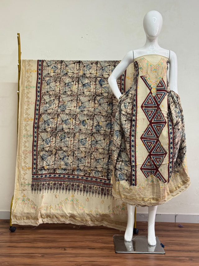 Meena Kari Dola Silk Ajrakh Hand Block Print 2-Piece Suit 01 - The Ajrakh Studio