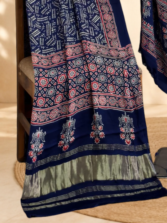 Premium Ajrakh Hand Block Print Modal Silk 3-Piece Suit Set with Zari Pallu Dupatta