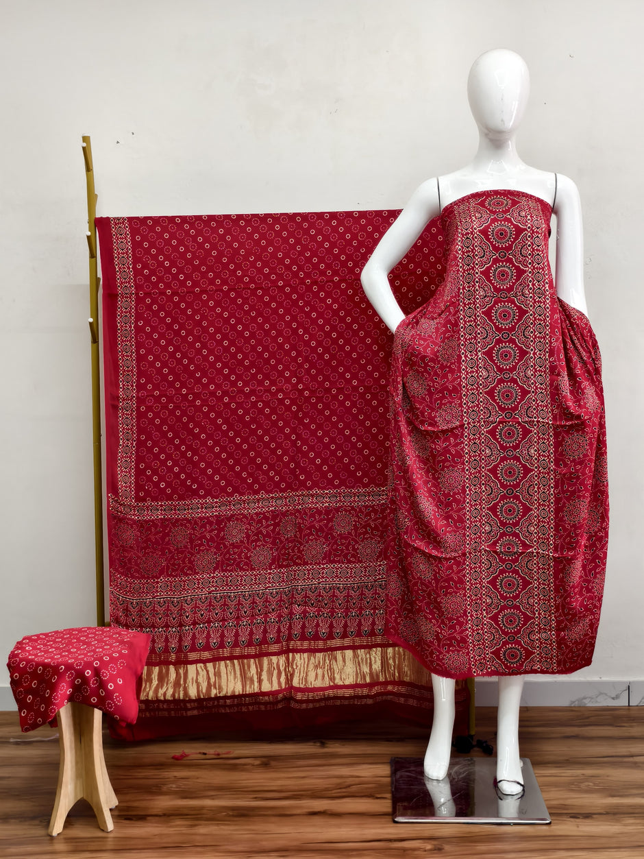 Havi Modal Silk Ajrakh Neptol Dye & Discharge Print Panel Design 3-Piece Suit - The Ajrakh Studio