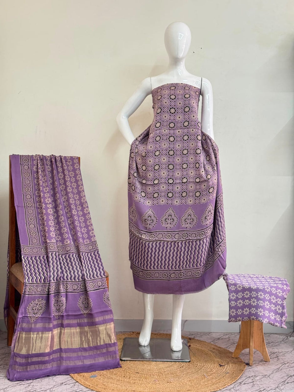 Premium  Ajrakh Hand Block Print Modal Silk 3-Piece Suit Set with Zari Pallu Dupatta