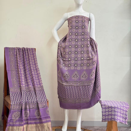 Premium  Ajrakh Hand Block Print Modal Silk 3-Piece Suit Set with Zari Pallu Dupatta