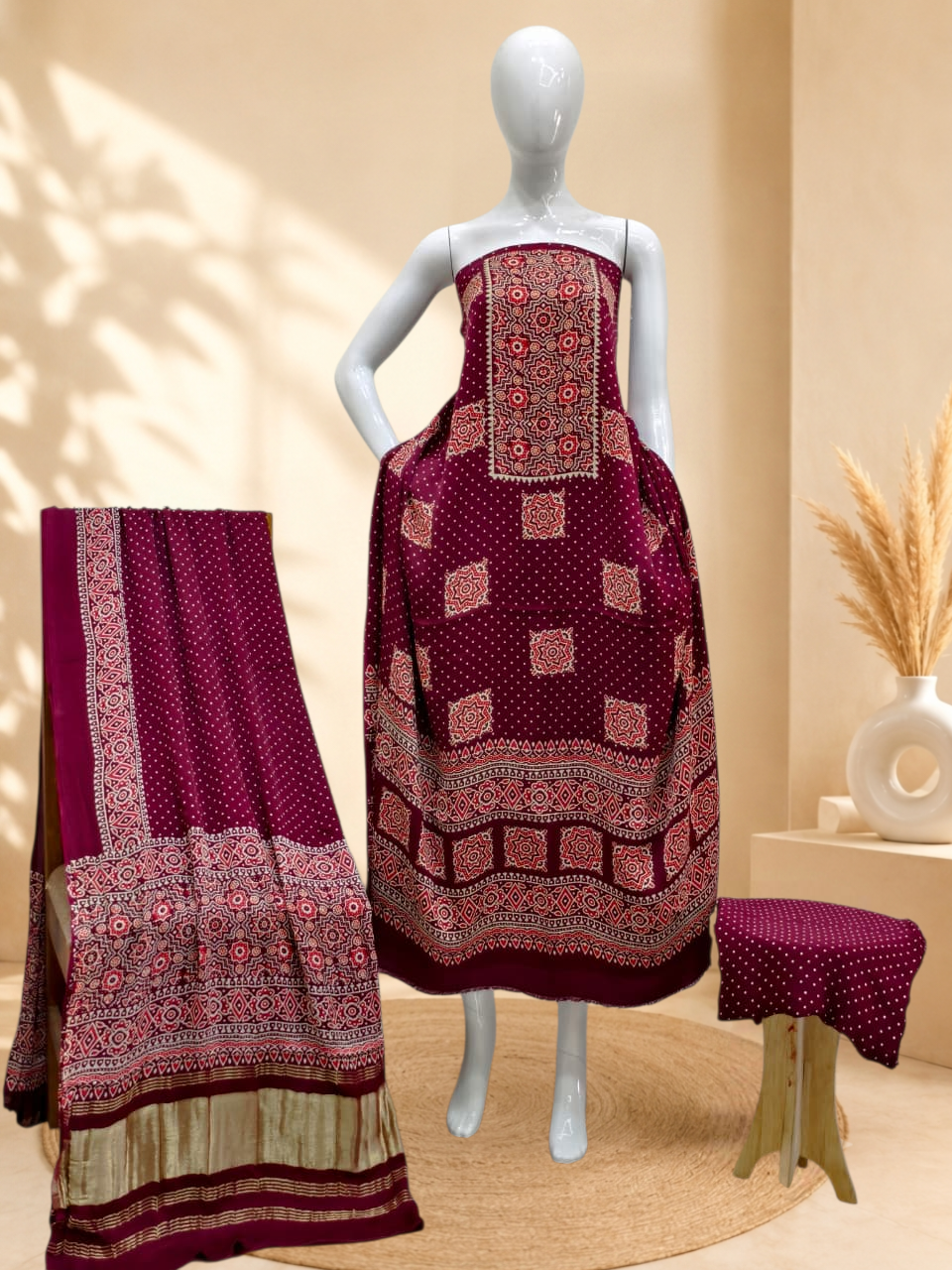Premium Ajrakh Hand Block Print Modal Silk 3-Piece Suit Set with Zari Pallu Dupatta