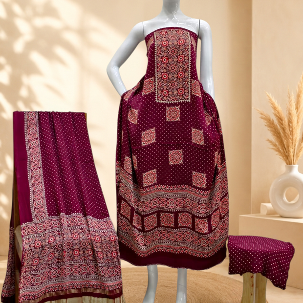 Premium Ajrakh Hand Block Print Modal Silk 3-Piece Suit Set with Zari Pallu Dupatta