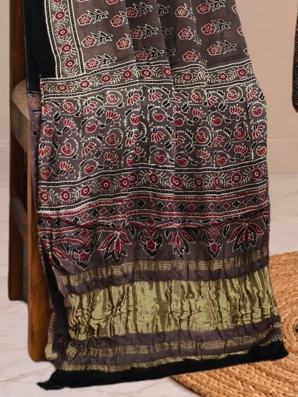 Ajrakh Hand Block Print Natural Dye Pure Modal Silk 3 Piece Suit with Zari Pallu Dupatta