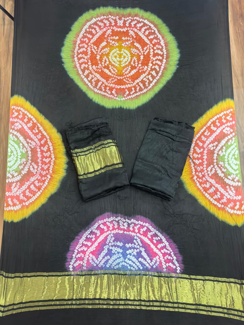 Modal Silk Bandhani Multi Color Zari Pallu Suit 04 - The Ajrakh Studio