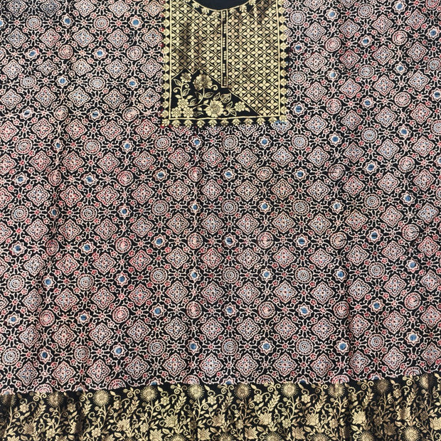 Premium Dola Silk Ajrakh Hand Block Print Natural Dye 2-Piece Suit with Zari Border Dupatta
