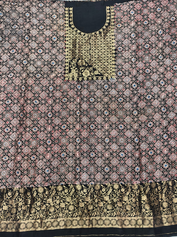 Premium Dola Silk Ajrakh Hand Block Print Natural Dye 2-Piece Suit with Zari Border Dupatta