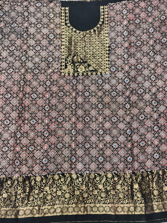 Premium Dola Silk Ajrakh Hand Block Print Natural Dye 2-Piece Suit with Zari Border Dupatta