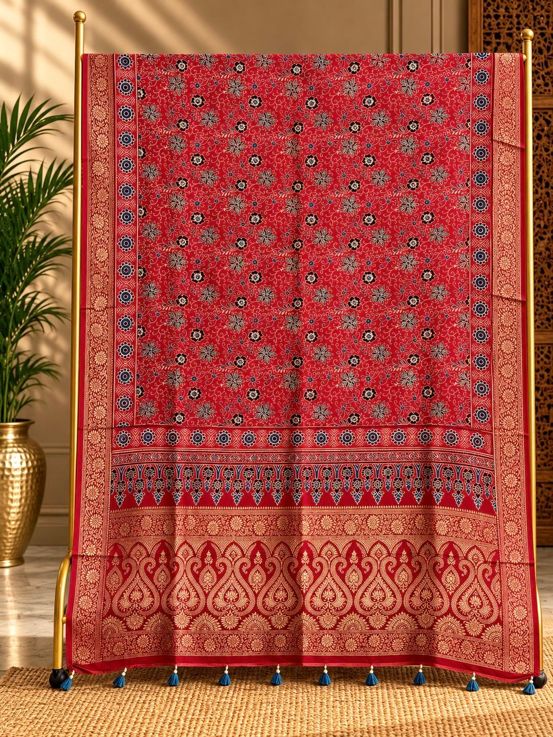 Dola Silk Ajrakh Hand Block Print Natural Dye Dupatta - The Ajrakh Studio