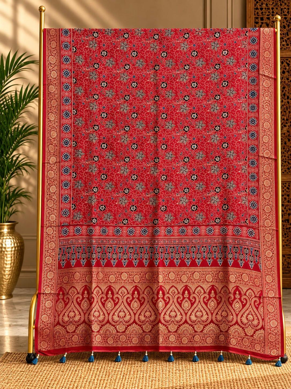 Dola Silk Ajrakh Hand Block Print Natural Dye Dupatta - The Ajrakh Studio