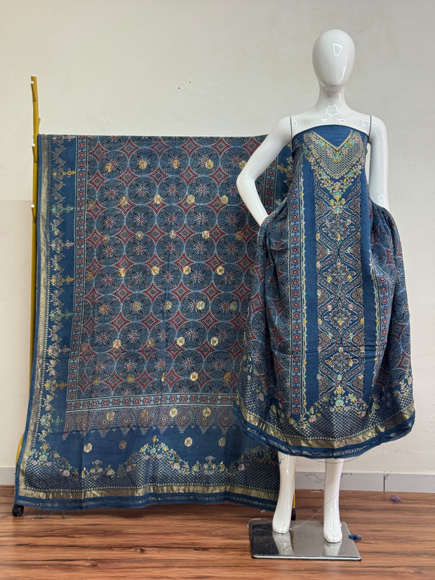 Meena Kari Dola Silk Ajrakh Hand Block Print 2-Piece Suit 02 - The Ajrakh Studio