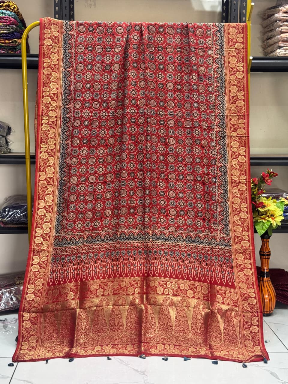 Dola Silk Ajrakh Hand Block Print Natural Dye Zari Pallu Dupatta 02 - The Ajrakh Studio