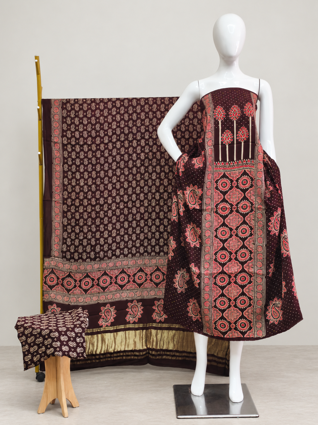 Havi Modal Silk Ajrakh Neptol Dye & Discharge Print Panel Design 3-Piece Suit - The Ajrakh Studio