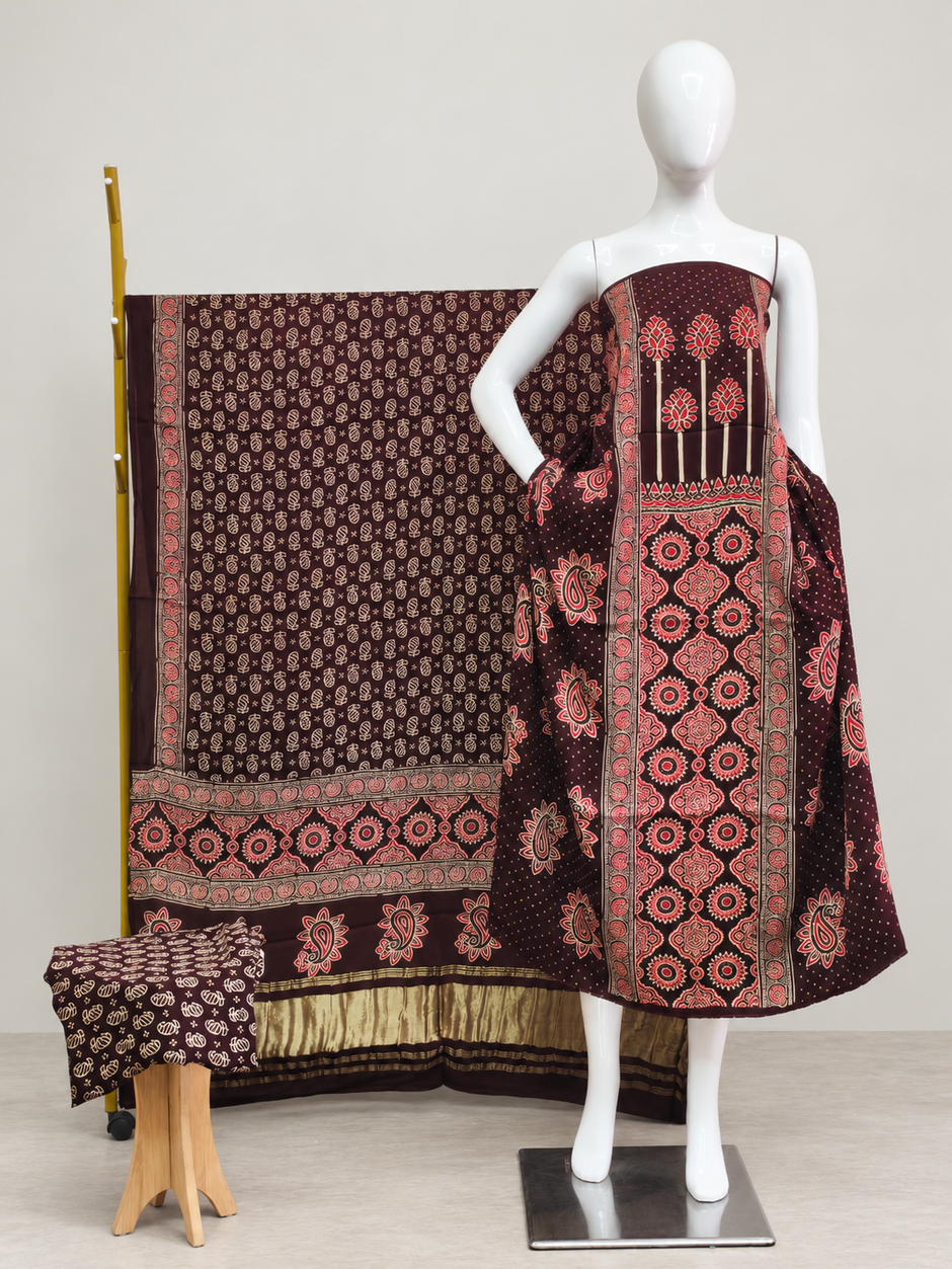 Havi Modal Silk Ajrakh Neptol Dye & Discharge Print Panel Design 3-Piece Suit - The Ajrakh Studio