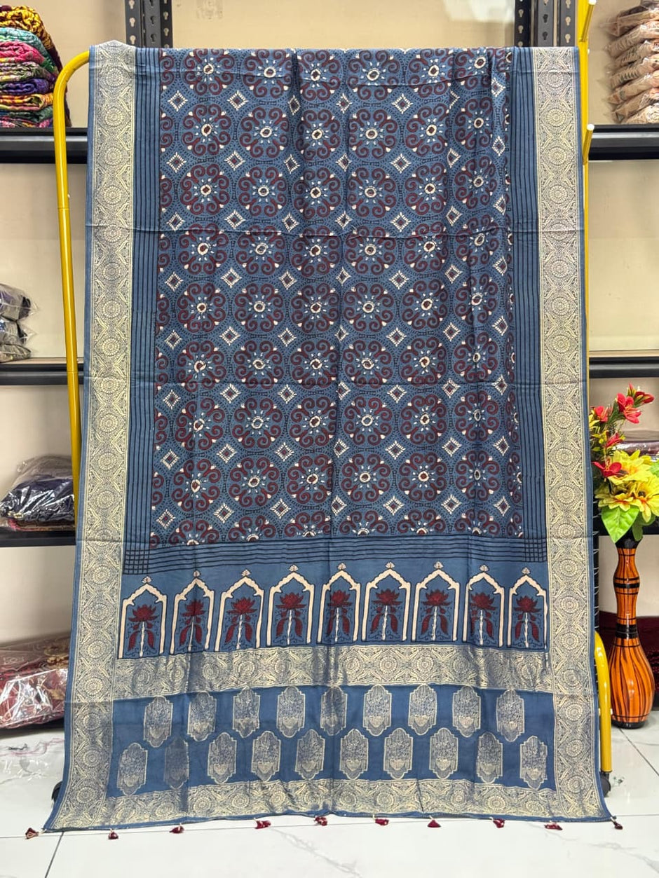 Dola Silk Ajrakh Hand Block Print Natural Dye Zari Pallu Dupatta 05 - The Ajrakh Studio