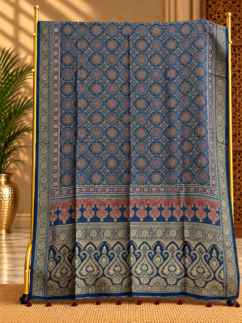 Dola Silk Ajrakh Hand Block Print Natural Dye Dupatta - The Ajrakh Studio