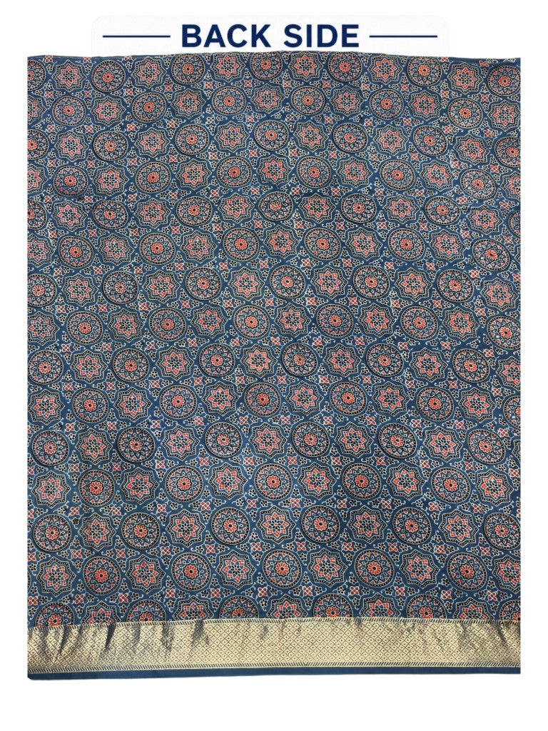 Premium Dola Silk Ajrakh Hand Block Print Natural Dye 2-Piece Suit with Zari Border Dupatta