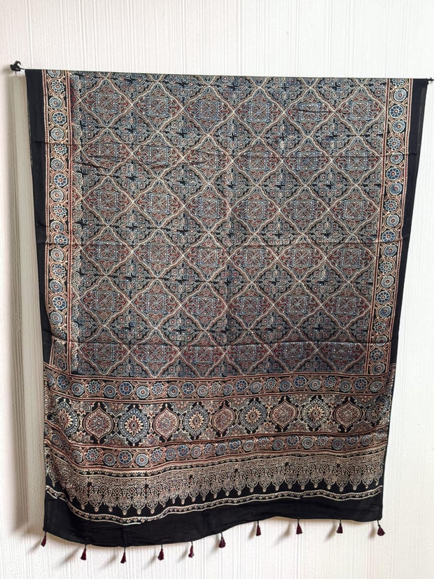 Ajrakh Modal Silk Natural Dye Dupatta with Tassels 30 - The Ajrakh Studio