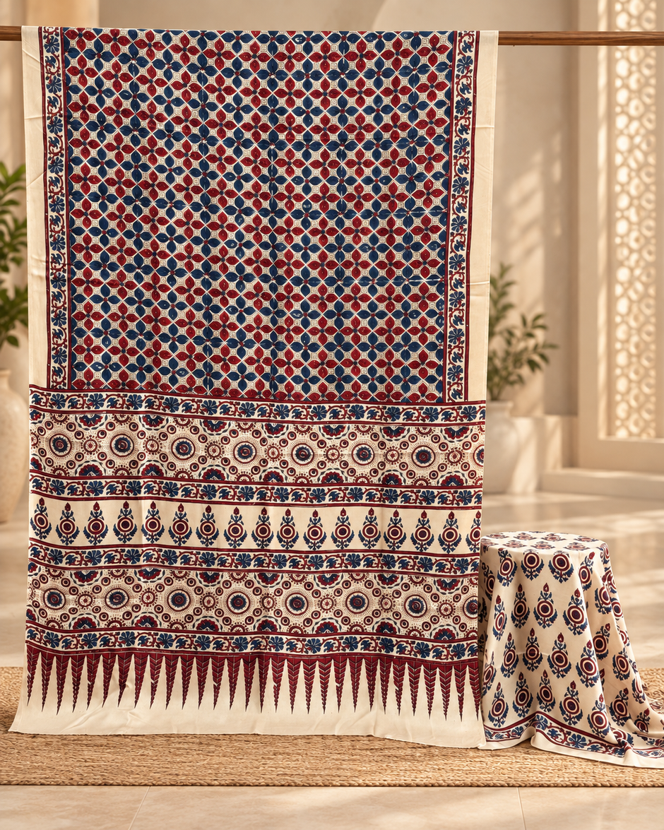 Elegant Modal Silk Ajrakh Hand Block Print Natural Dye Saree - The Ajrakh Studio