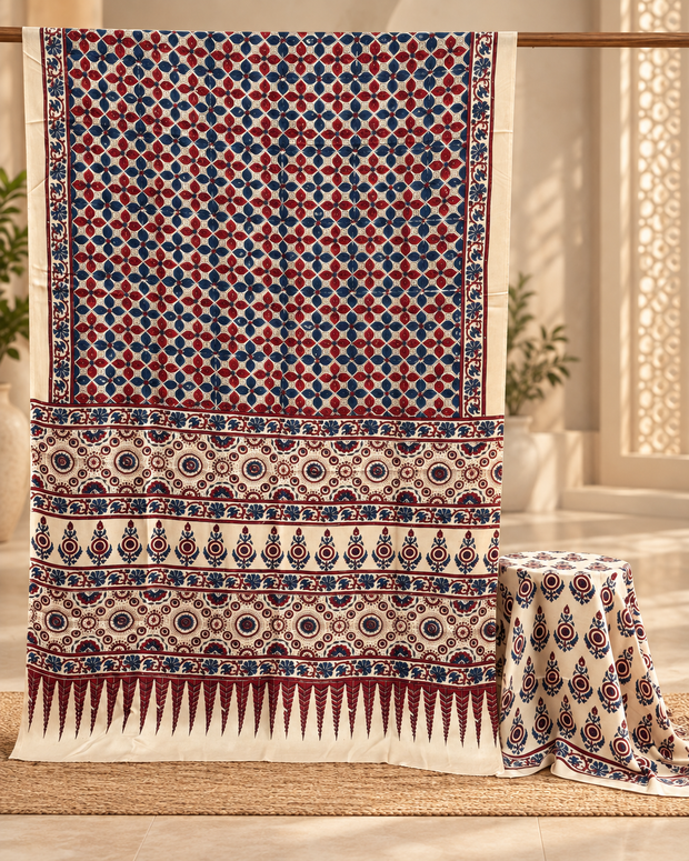 Elegant Modal Silk Ajrakh Hand Block Print Natural Dye Saree - The Ajrakh Studio