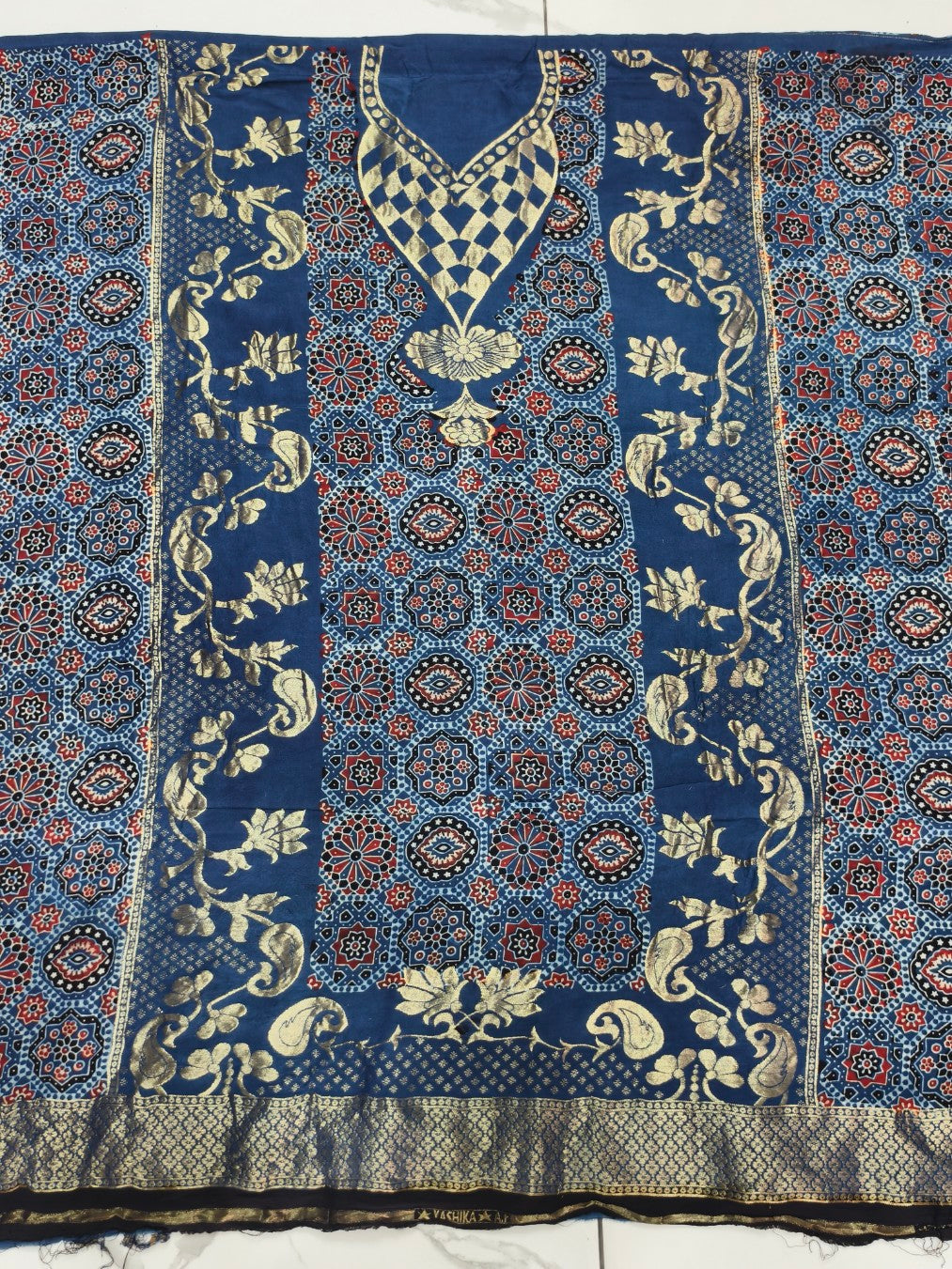 Premium Dola Silk Ajrakh Hand Block Print Natural Dye 2-Piece Suit with Zari Border Dupatta