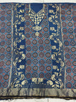 Premium Dola Silk Ajrakh Hand Block Print Natural Dye 2-Piece Suit with Zari Border Dupatta