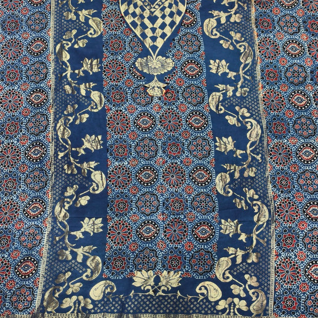 Premium Dola Silk Ajrakh Hand Block Print Natural Dye 2-Piece Suit with Zari Border Dupatta