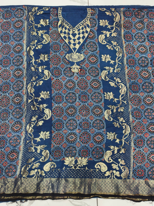 Premium Dola Silk Ajrakh Hand Block Print Natural Dye 2-Piece Suit with Zari Border Dupatta