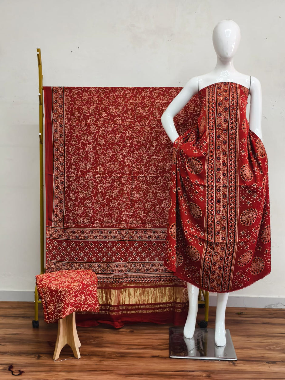 Havi Modal Silk Ajrakh Neptol Dye & Discharge Print Panel Design 3-Piece Suit - The Ajrakh Studio