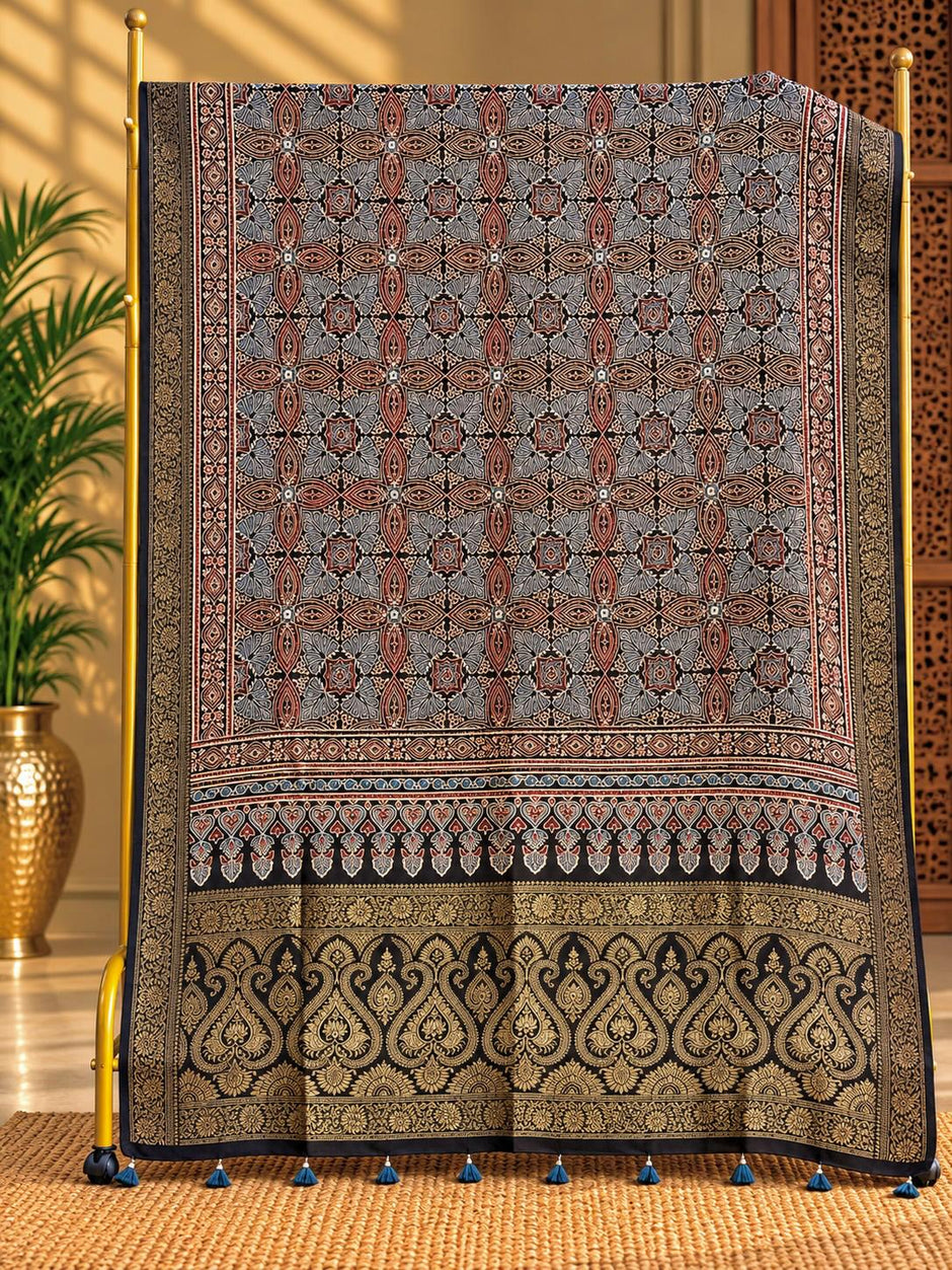 Dola Silk Ajrakh Hand Block Print Natural Dye Dupatta - The Ajrakh Studio