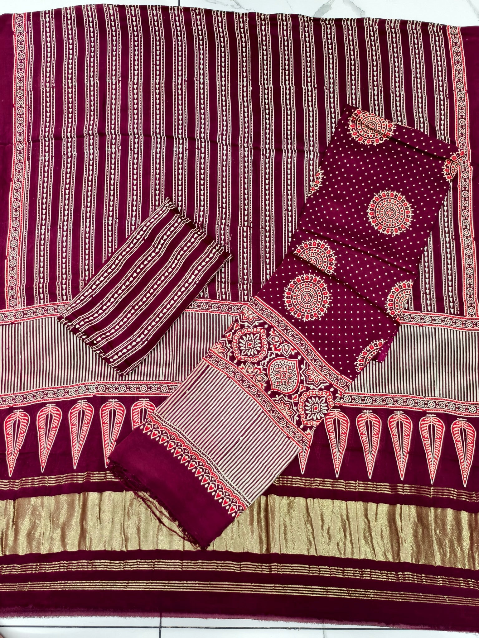 Premium Ajrakh Hand Block Print Modal Silk 3-Piece Suit Set with Zari Pallu Dupatta