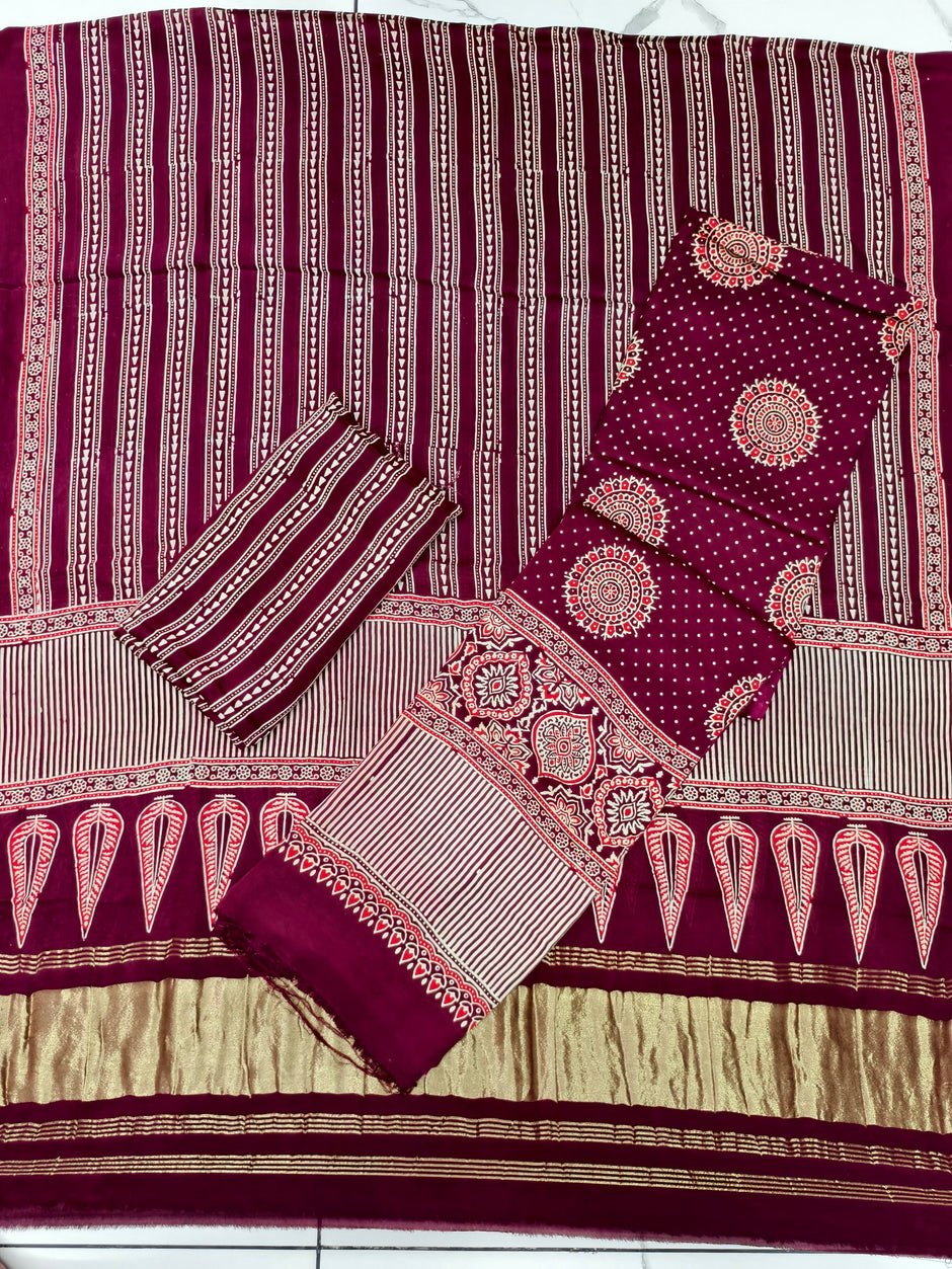 Premium Ajrakh Hand Block Print Modal Silk 3-Piece Suit Set with Zari Pallu Dupatta