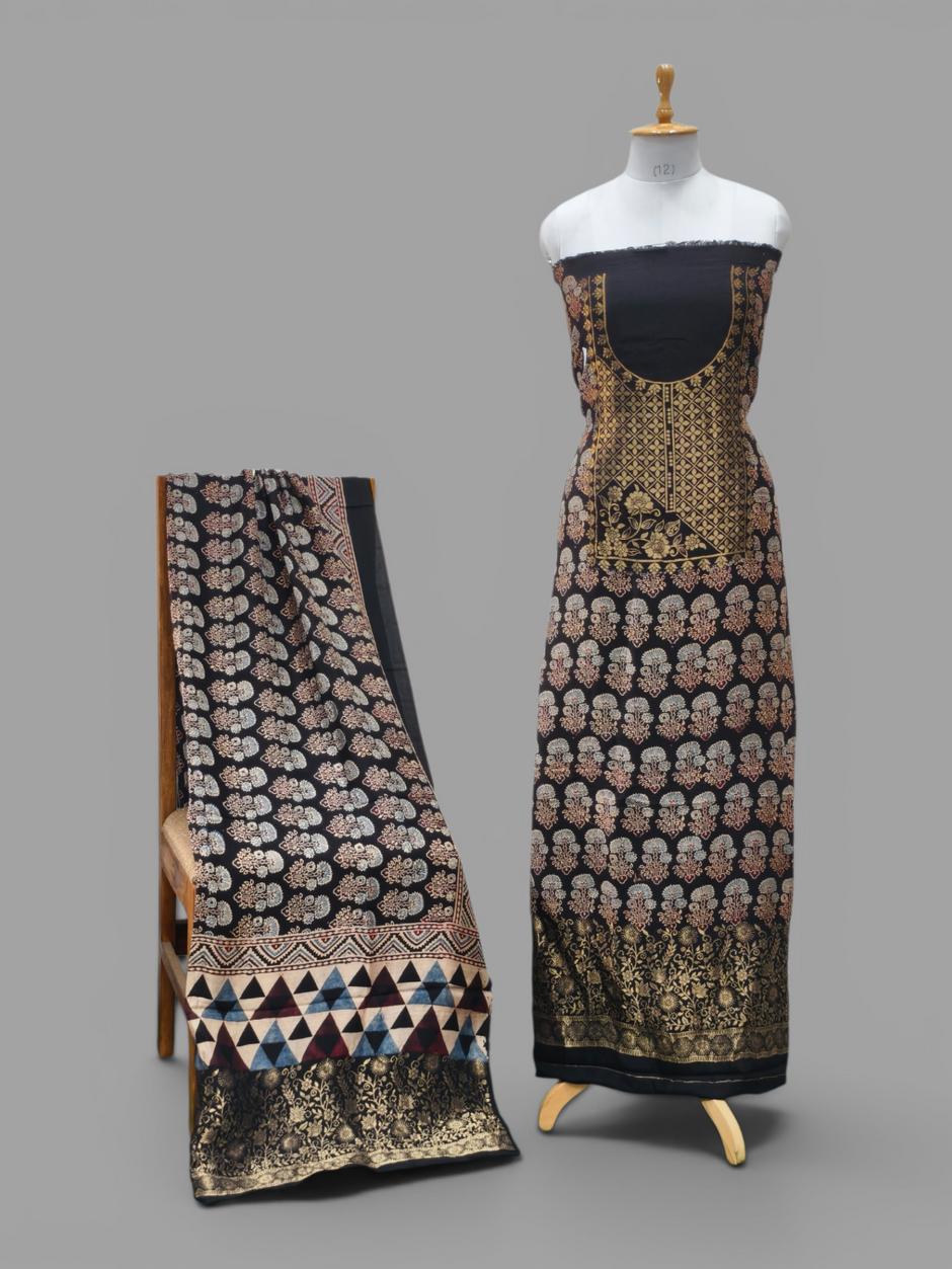 Premium Dola Silk Ajrakh Hand Block Print Natural Dye 2-Piece Suit with Zari Border Dupatta