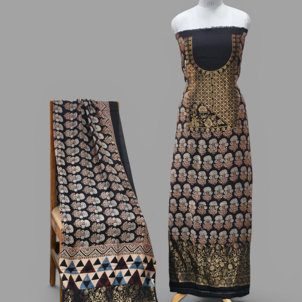 Premium Dola Silk Ajrakh Hand Block Print Natural Dye 2-Piece Suit with Zari Border Dupatta